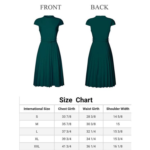 Pleated Dress Mock Neck Cap Sleeve Belted A-Line Dresses Green - Picture 5 of 6
